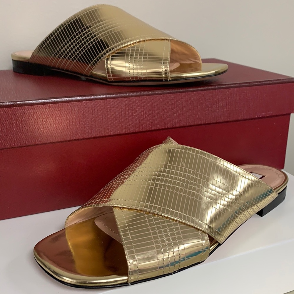 Bally Metallic Gold Crisscross Slide Sandals